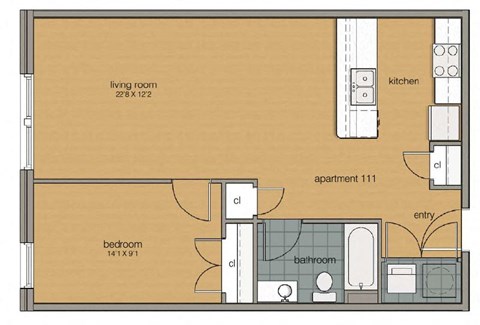 Floor plan for 1 bed, 1 bath, 700 sqft